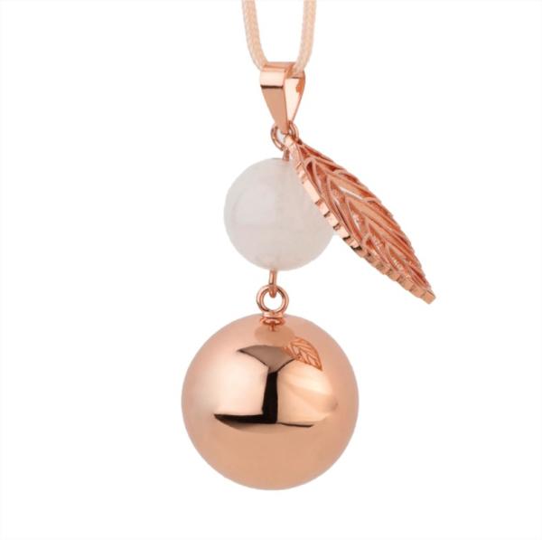Медальон за бременни Бола - Розово злато с листо и перличка