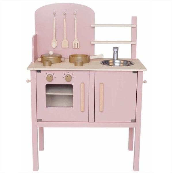 Jabadabado: Дървена детска кухня в розов цвят с тенджери