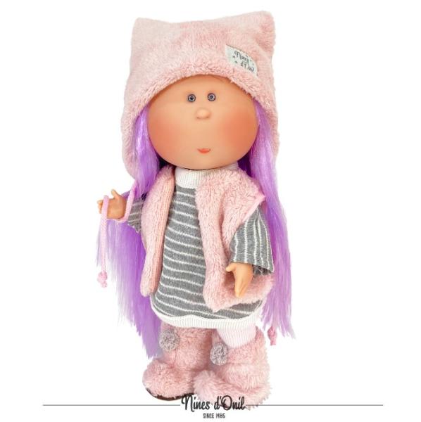 Ръчно изработена кукла от Испания -  Мия с лилава коса и розова шапка в кутия