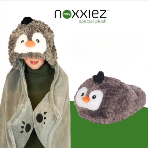 ОФЕРТА Одеяло с качулка и джобчета за ръце + Noxxiez 2в1 голяма пантофка за затопляне на крака и плюшена играчка - Пингвин