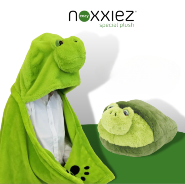 ОФЕРТА Одеяло с качулка и джобчета за ръце + Noxxiez 2в1 голяма пантофка за затопляне на крака и плюшена играчка - Костенурка