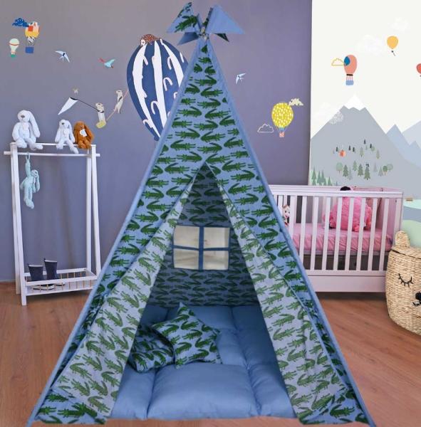 BabyBliss: Голяма детска палатка с дебел матрак и 2 възглавници "In A While Crocodile"
