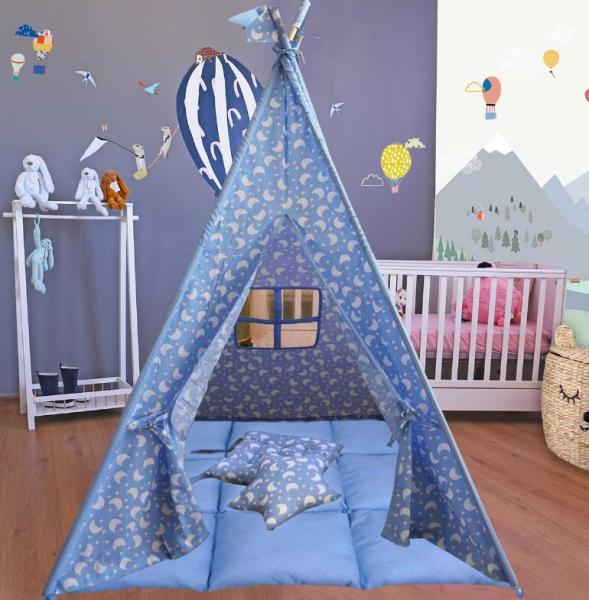 BabyBliss: Голяма детска палатка с дебел матрак и 2 възглавници "Fly Me To The Moon"