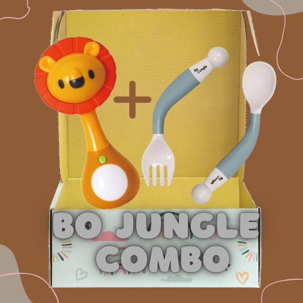 Bo Jungle Комбо: Електронна дрънкалка със сензор за движение "Лъв" + Гъвкави виличка и лъжичка - Сет