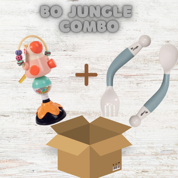 Bo Jungle Комбо: Забавна играчка с вендуза + Гъвкави виличка и лъжичка - Сет