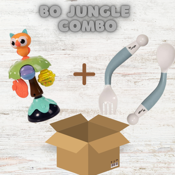 Bo Jungle Комбо: Забавна играчка с вендуза + Гъвкави виличка и лъжичка - Сет