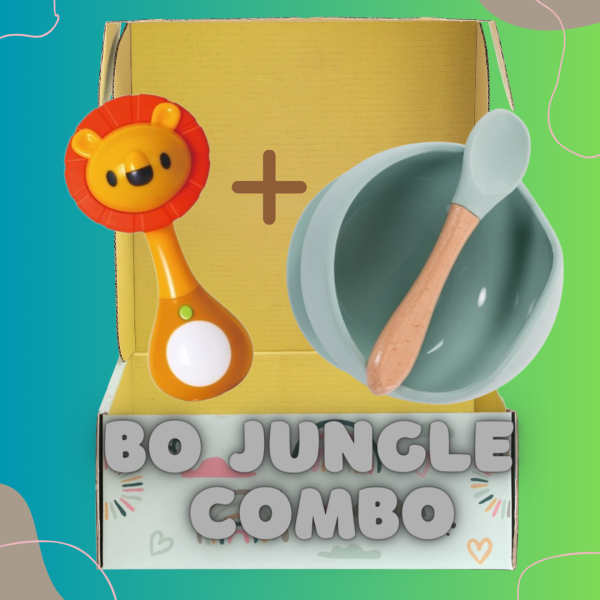 Bo Jungle Комбо:Електронна дрънкалка със сензор за движение "Лъв" + Bo Jungle: Силиконова купичка с вакуум и лъжичка "Синьо"