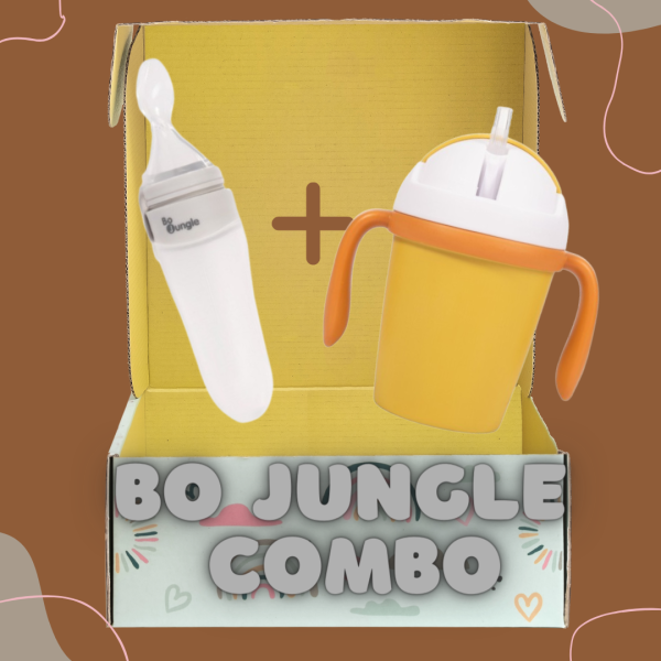 Bo Jungle Комбо: Силиконов дозатор за храна - лъжица + Eco-friendly чаша с дръжки и сламка - цвят по избор