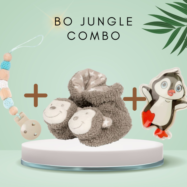 Bo Jungle Комбо: Дървен клипс за залъгалка - Синьо + Пачове за загряване/охлаждане при температура и контузии + Бебешки чорапчета с дрънкалка - по избор