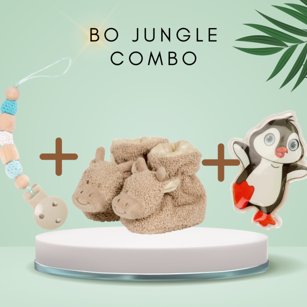 Bo Jungle Комбо: Дървен клипс за залъгалка - Синьо + Пачове за загряване/охлаждане при температура и контузии + Бебешки чорапчета с дрънкалка - по избор