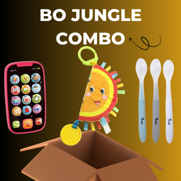 Bo Jungle Комбо: Сет от силиконови лъжички за хранене - 3 бр. "Бяло/Сиво/Синьо" + Книжка "Денят на бебето" + Моят първи смартфон - цвят по избор