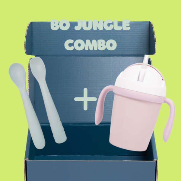 Bo Jungle Комбо: Сет силиконови лъжички "Сиво" + Eco-friendly чаша с дръжки и сламка - цвят по избор
