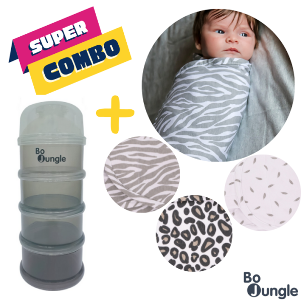 Super Combo - Bo Jungle Диспенсър за адаптирано мляко с 4 отделения "Сиво + Пелена за повиване (0-4 месеца) с цвят по избор