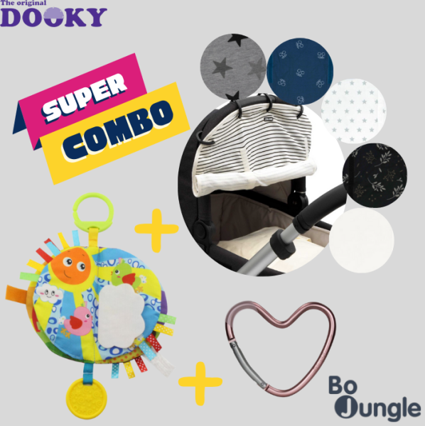 Super Combo : Dooky Original: Сенник с UPF50 + с цвят по избор + Dooky Кукa за количка Pink Heart + Bo Jungle: Мека цветна книжка