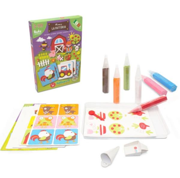 Sabbiarelli®: Средна кутия - Игра за памет с 8 пясъчни маркера и 30 шаблона - Животните от фермата  3+ години